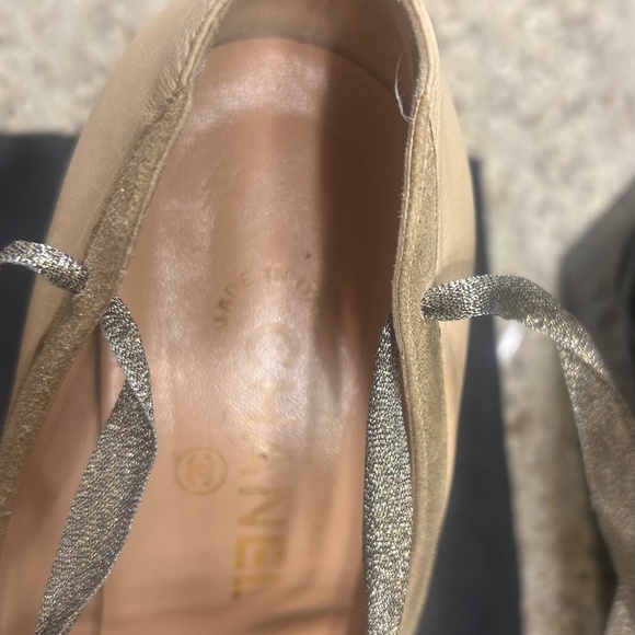 CHANEL Beige/Nude + Gold Lace Up Heels - Picture 5 of 7